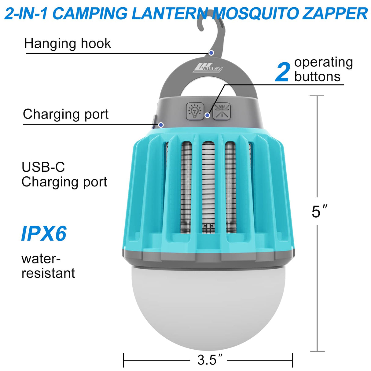Wisely Bug Zapper Outdoor/Indoor Electric, USB-C Rechargeable Mosquito Killer Lantern Lamp, Portable Insect Electronic Zapper Indoor Trap, with LED Light Oceanblue
