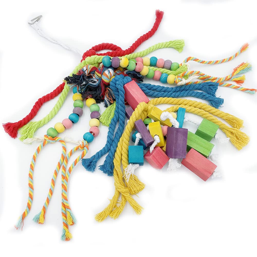 GILYGI 20.5 inch Parrot Chewing Toys - Wooden Block Tearing and Cotton Rope Toys for Medium Large Extra Large Parrot Conures African Grey Amazon Cockatoo and Macaw