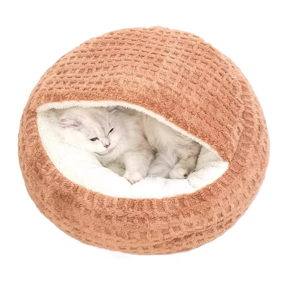 Plush Cat Bed Hooded Semi Enclosed Shell Shaped Pet Nest Cozy Warming Anti-Slip Small Dog Bed for Puppy and Kitten (Coffee, Small)