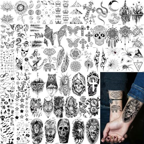 67 Sheets Black Realistic Rose Flower Temporary Tattoos For Women Girls Arm Thigh, Peony Moon Tiger Floral Temp Sleeve Tattoo Sticker Adult, Waterproof Fake Tatoos That Look Real And Last Long