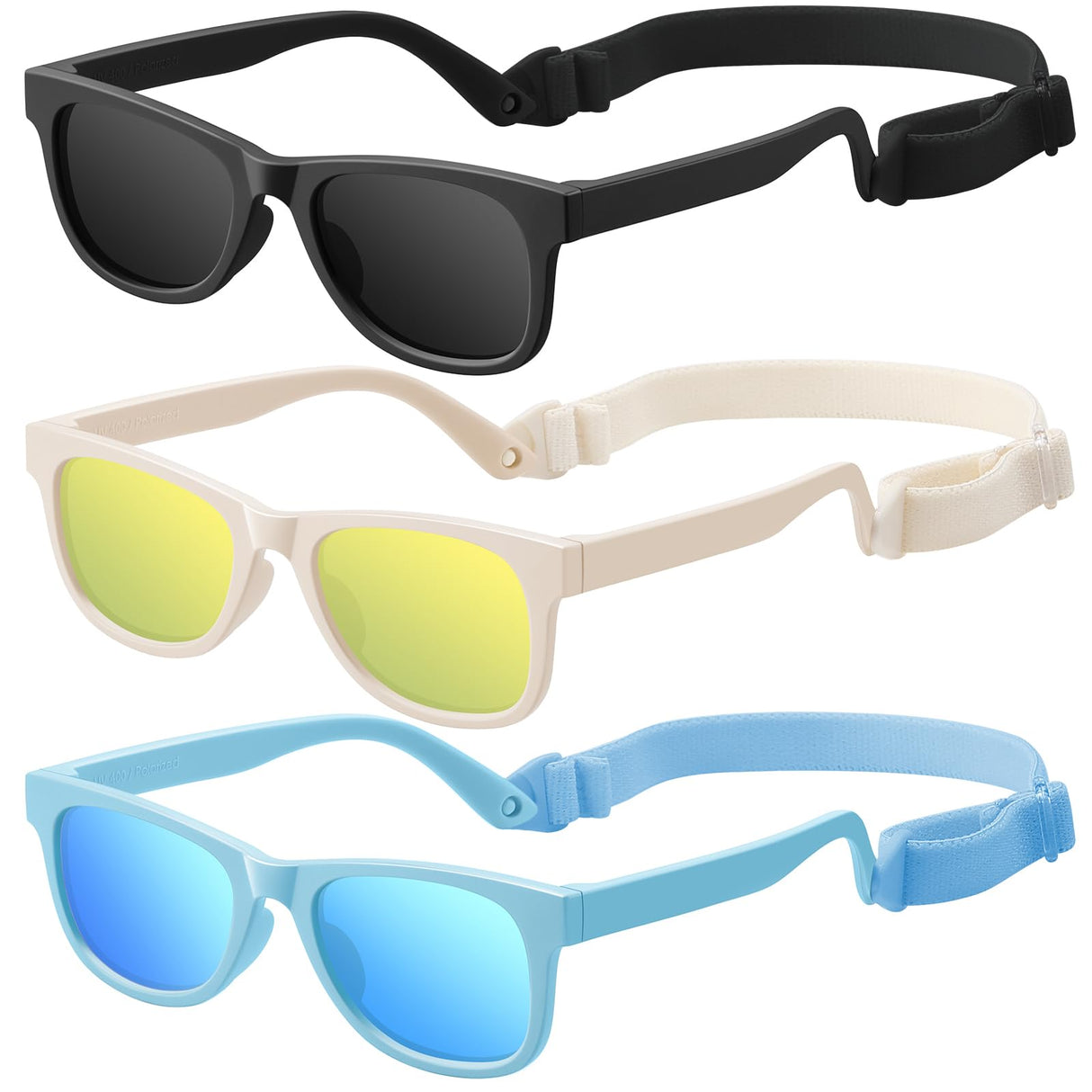 zestero Baby Infant Toddler Polarized Sunglasses with Strap for Boys Girls Age 0-24 Months, 3 Pack Flexible TPEE Rubber Frame Kids 100 UV Protection Sunglasses Newborn Shades