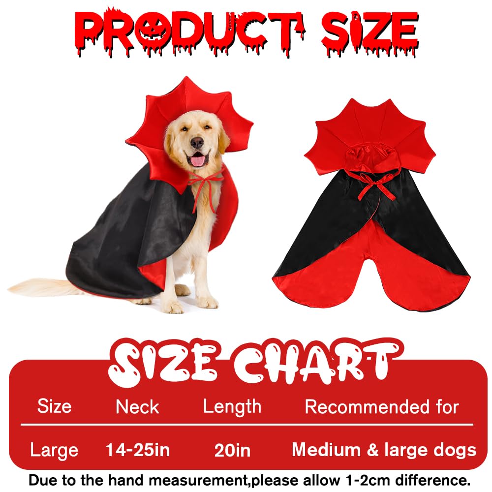 Halloween Large Dog Vampire Cloak Devil Cape Cosplay Apparel Party Costume - Red & Black Classic Pet Cape - Adjustable Neck & Chest Sizes - Medium & Large Dogs