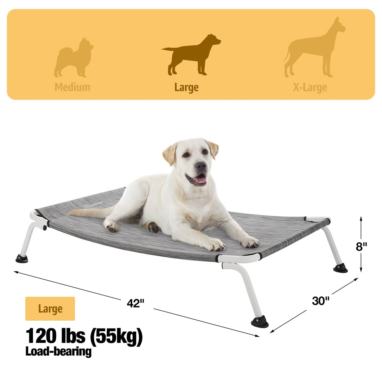 Veehoo Elevated Dog Bed for Outdoor, Cooling Waterproof Raised Dog Cots Beds for Large Dogs, Curved Off Ground Pet Hammock Cot Lifted for Outside, up to 85lbs, White Legs, Black Silver 42"