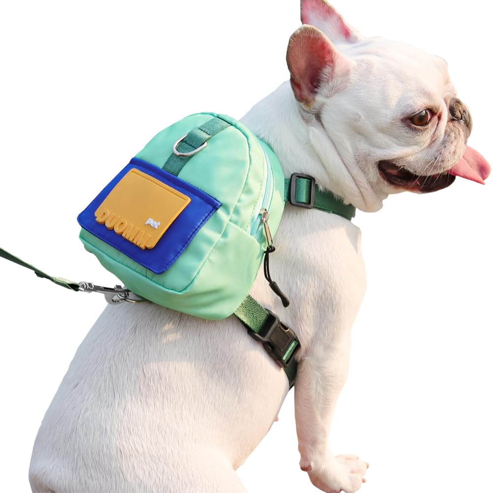 DoggieKit Dog Backpack Harness with Leash,Cute Pet Puppy Backpacks Bulid-in Dog Poop Bag Dispenser,Adjustable Pets Self Carrier Bag for Small Medium Dogs Travel Hiking Daily Walking(M, Green)