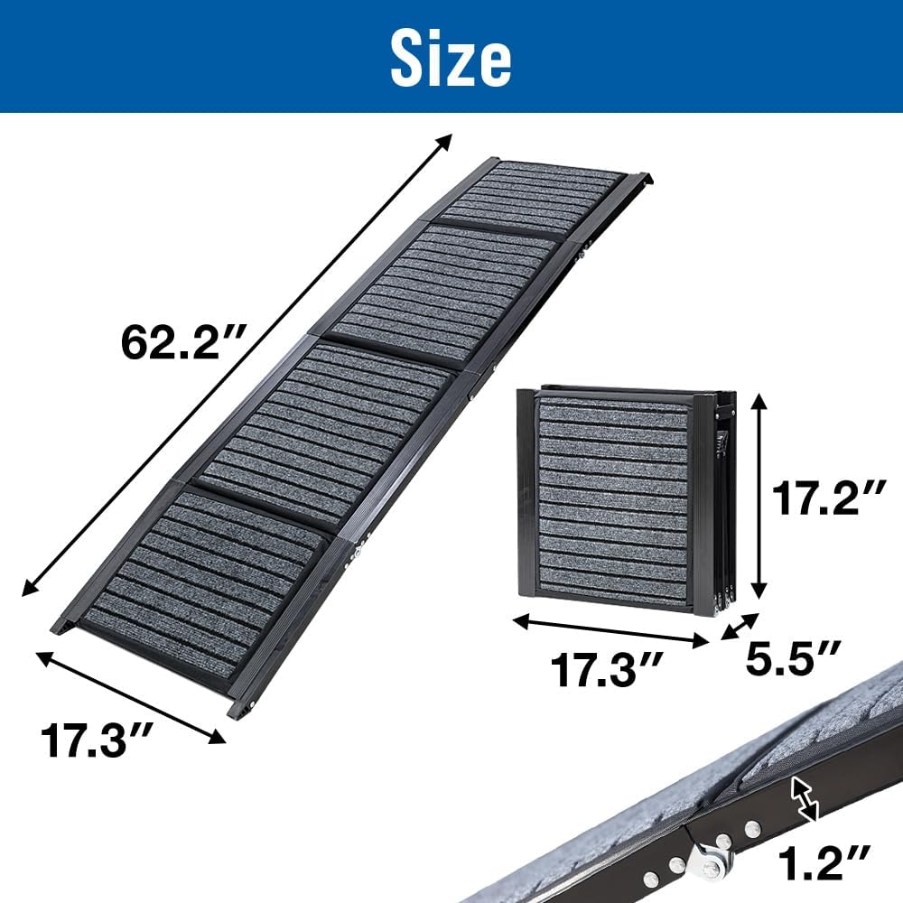 Japard Dog Ramp for Car, 63" Long & 17" Wide Folding Portable Pet Stair Ramp with Non-Slip Rug Surface, Extra Wide Dog Steps for Medium & Large Dogs Up to 165LBS Enter a Car, SUV & Truck