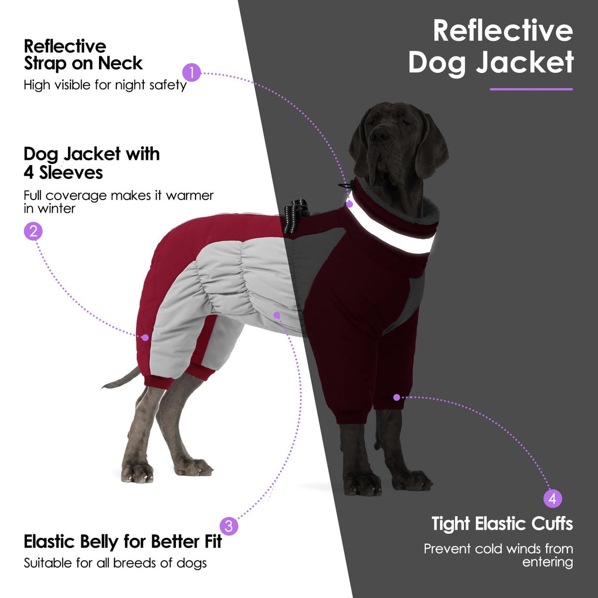 SUNFURA Full Body Dog Coat - Warm Fleece Jacket for Large Dogs, Turtleneck Winter Coats with Harness, Reflective Dog Snowsuit Windproof Puffer Jackets with Legs for Weimaraner, Burgundy XL