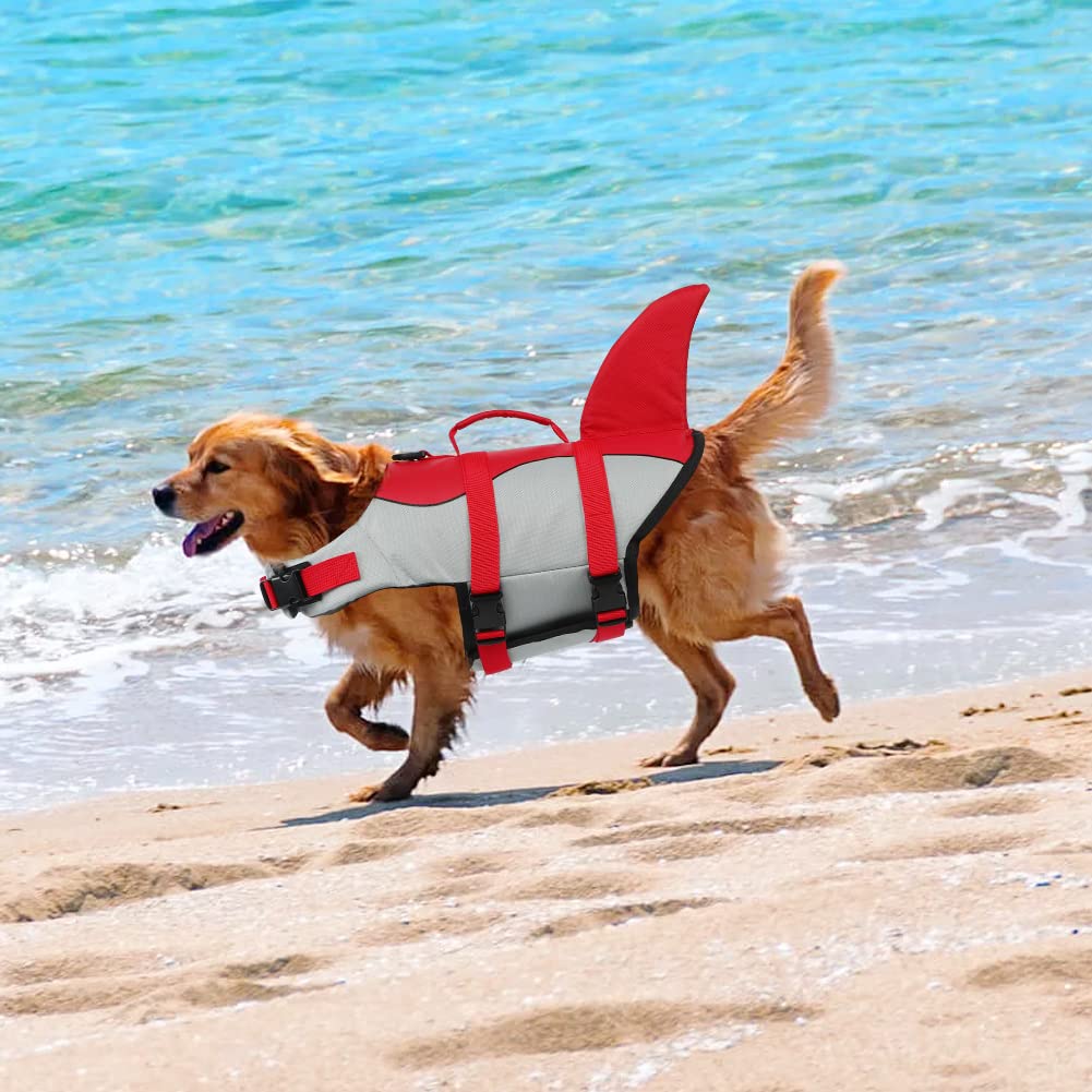EMUST Shark Life Jackets for Dogs, Adjustable Ripstop Dog Life Vest for Water Safety Pet Life Vest with Rescue Handle Safety Vest for Swimming Pool Beach Boating, (L,Red)