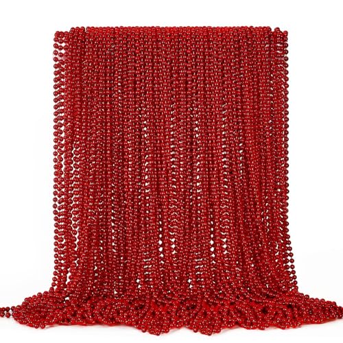 EOBOH 72PCS Bead Necklace, Red Christmas Bead Stuff Party Favors, 33" Necklaces Festival Parade Throw Accessories for Wedding Birthday Valentines Mardi Gras Christmas Celebrations Decorations
