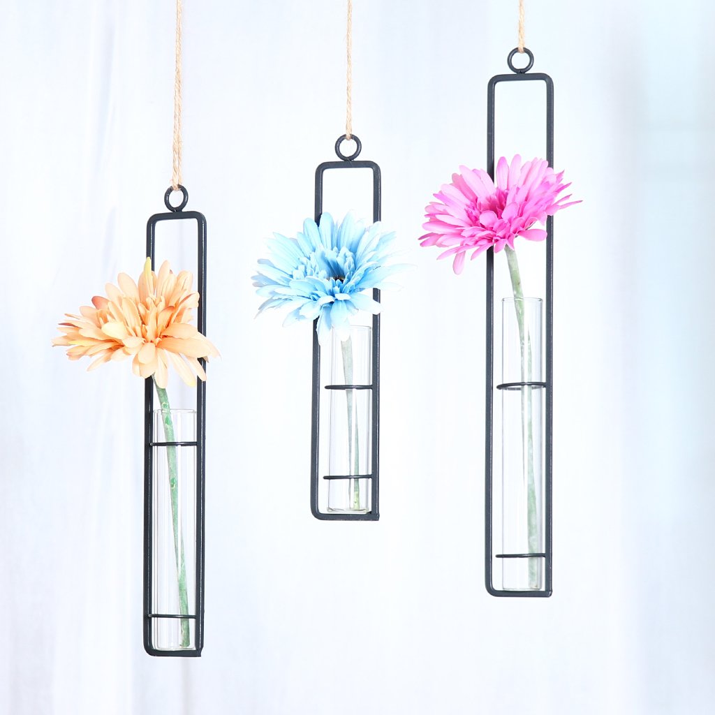 AODERUM Hanging Glass Planter Water Iron Art Hydroponic Vase Transparent Test Tube Flower Hanging Bottle Home Decoration (3pcs-S,M,L)