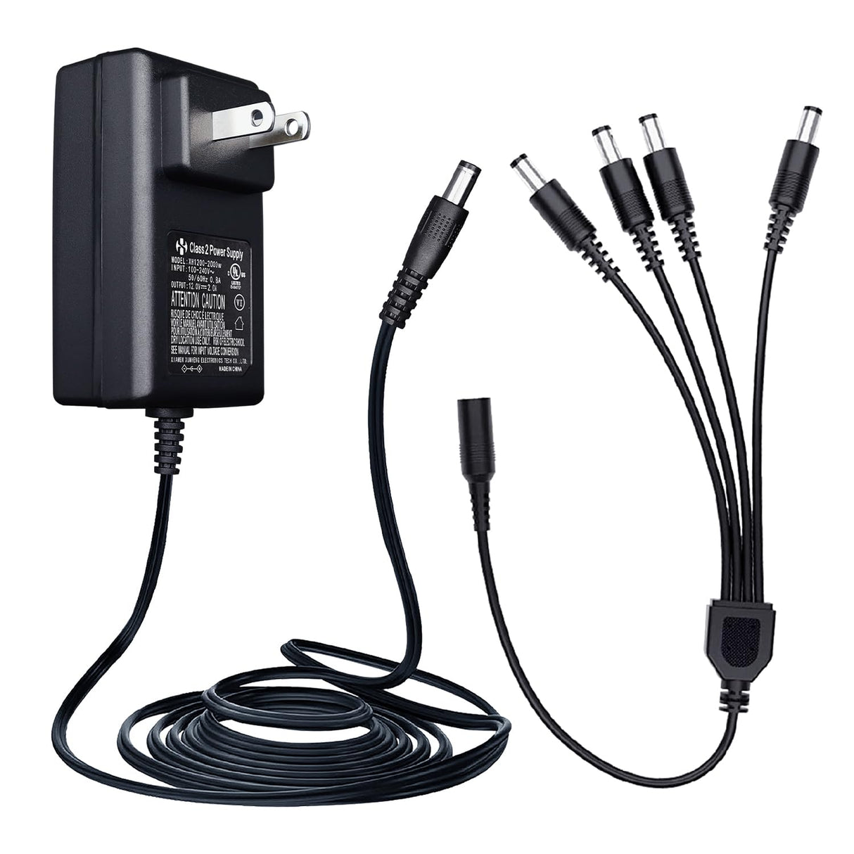 Power Adapter AC 100-240V to DC 12V 2A (2000mA) & 4-Way Power Splitter Cable for CCTV Security Cameras/DVR/NVR/LED Strip Lights/Routers and More, UL/FCC/CE Certificated (6ft)