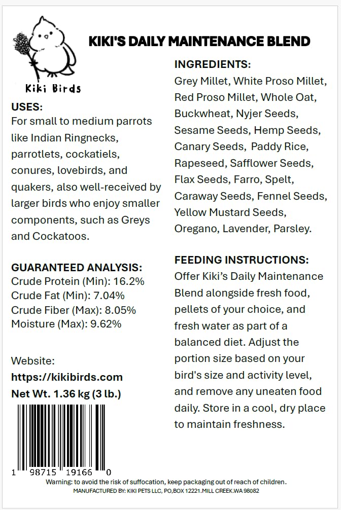 KikiBirds Premium Parrot Food| Protein-Rich Low-Fat Formula | Cockatiel, Conure, Lovebird, Quaker, Parrotlet | No Corn, Soy, Peanuts | Gourmet Whole Grains & Seeds | Daily Maintenance Blend (3 lbs)