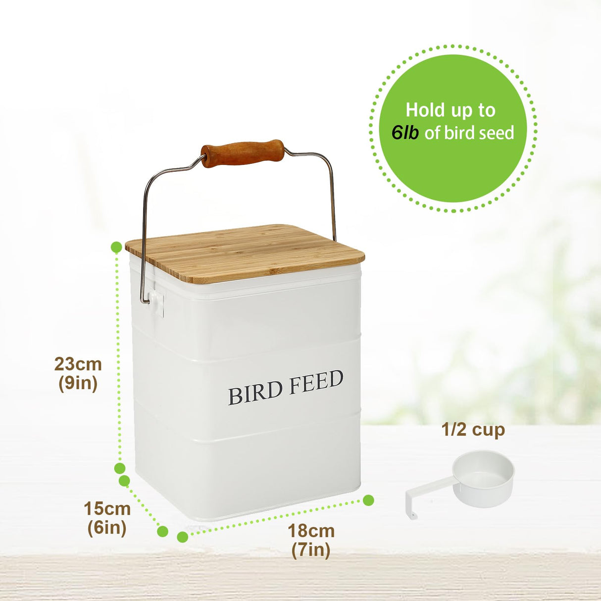 Brabtod Bird Seeds storage container,Bird Seed Container,Metal food tin for Birds, pet snacks Canisters with wooden lid/handle/sevice scoop,hold 5-6 lbs