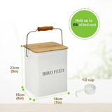 Brabtod Bird Seeds storage container,Bird Seed Container,Metal food tin for Birds, pet snacks Canisters with wooden lid/handle/sevice scoop,hold 5-6 lbs