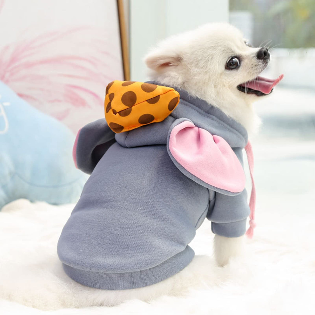 SEIS Winter Big Ear Mouse Dog Hoodies Cute Cheese Warm Pet Costume Halloween Cat Clothes for Small Medium Dogs Puppy French Bulldog Chihuahua (Gray, L (Chest Circumference 59cm/ 23.2"))