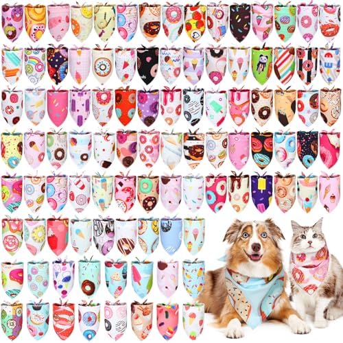 100 Pcs Dog Bandanas Bulk Pet Bibs Colorful Triangle Scarf Pet Bandanas for Medium Large Dogs Spring Summer Birthday Costume Decoration (Donut)