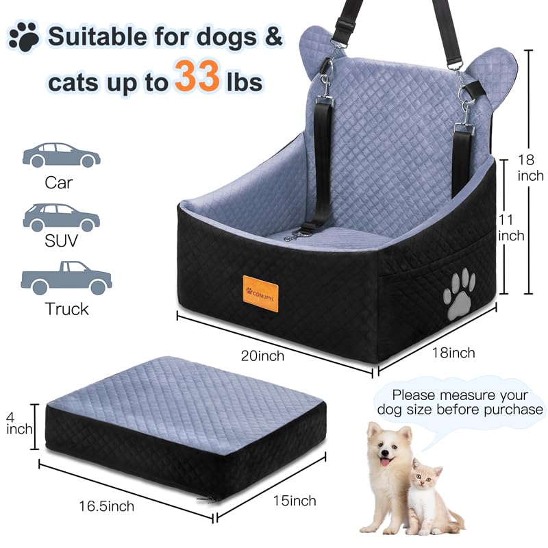 Dog car Seats for Small/Medium Dogs up to 33lbs- Washable, Waterproof, Dog Booster & car Seats with 2 Easy-Install Safety Belts, Non-Slip Base & Storage Pocket(Grey Black).