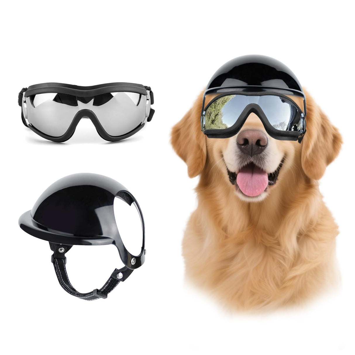 LESYPET Dog Helmet and Goggles, Large Dog UV Protection Pet Sunglasses Motorcycle Helmet, Adjustable, Riding and Driving, Black