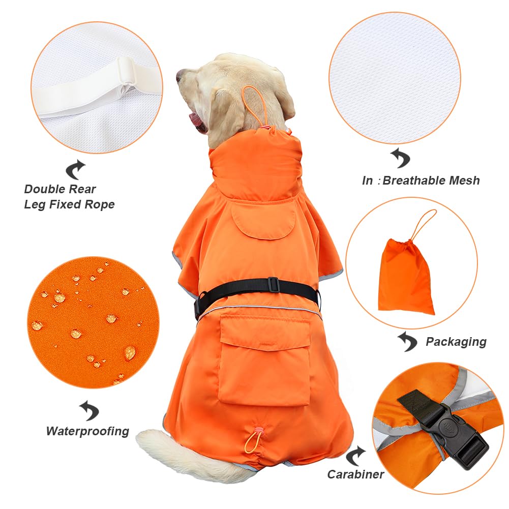 KOOGAL Reflective Dog Raincoat Waterproof Adjustable Dog Hooded Poncho Raincoat for Medium Large Dogs, Lightweight Pet Rain Jacket (Orange, 3XL)
