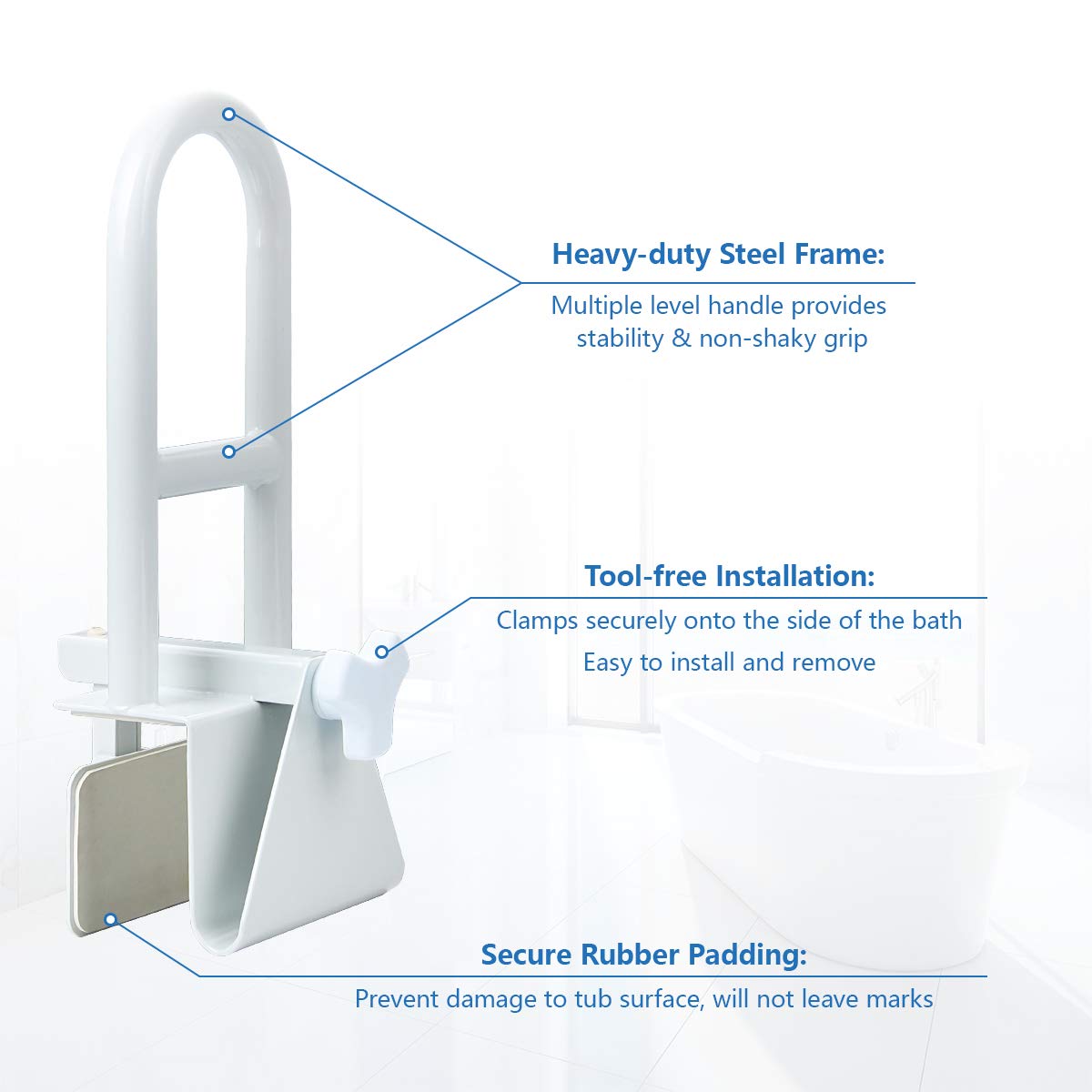 Butizone Bathtub Safety Rail, Medical Adjustable Tub Grab Bar Handle Clamp Safety Handrail Support for Seniors and Elderly
