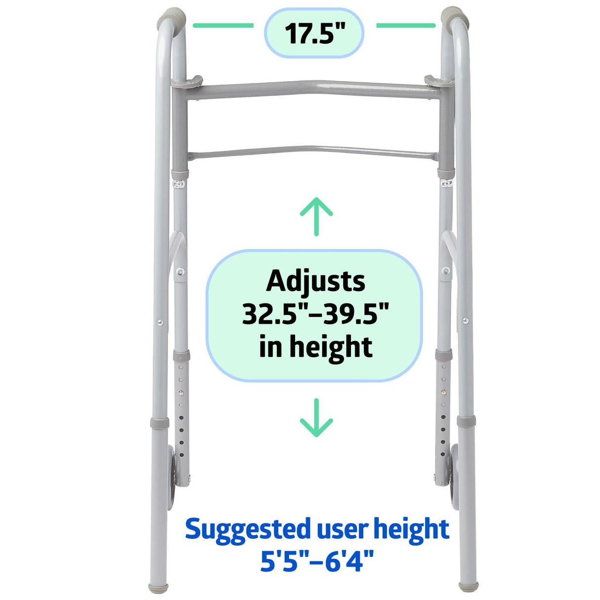 Medline Lightweight Folding Walkers for Seniors, Adults with 5” Wheels, Steel Frame Supports up to 400 lbs.