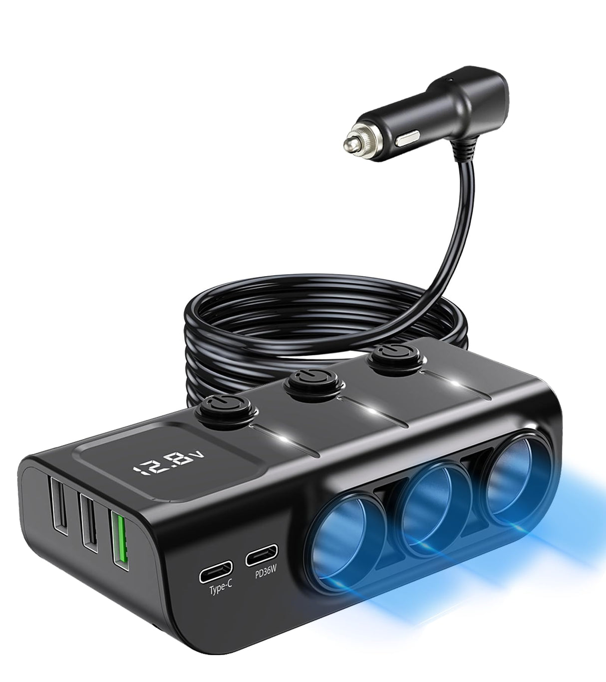 Car Cigarette Lighter Splitter 8-in-1,120W 3-Socket Adapter & 5 USB with Master Power Switch,Prevents Battery Drain,PD36W USB-C Fast Charge,3.3FT Cord & LED Meter for Dashcam, RVs,Older Cars