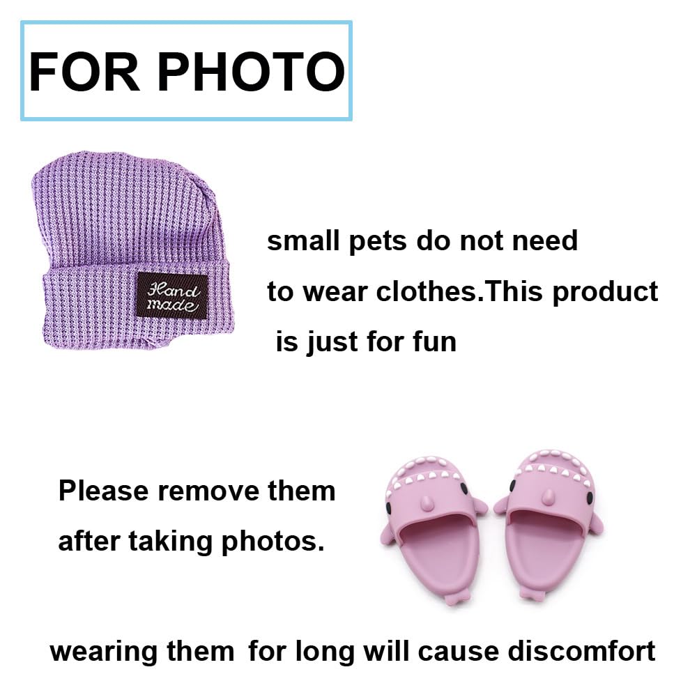 KnocKconK Hamster Costume Set with Shirt, Hat, Shoes, Small Animal Cute Shark Slipper for Real Pets, Cute Mini Rat Holiday Party Clothes, for Fun, Photos. (Purple)