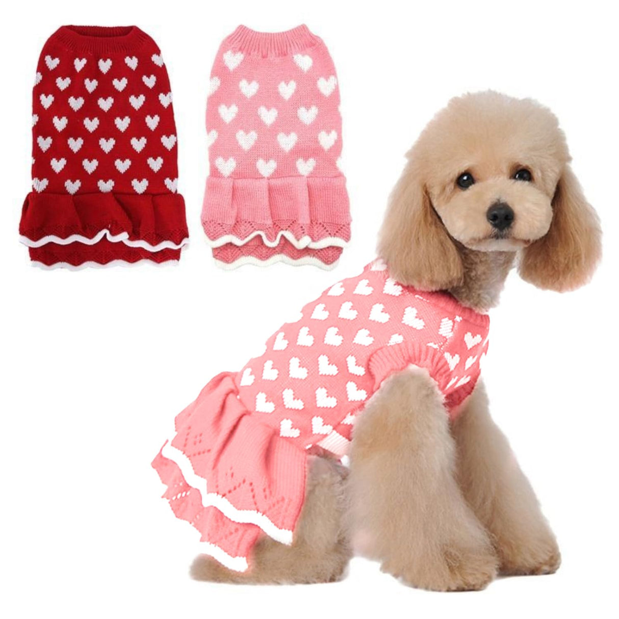 LIEVUIKEN Dog Sweater, Knitted Heart Pattern Puppy Sweaters for Small Medium Large Dogs, Girl Boy Winter Warm Soft Pet Clothes, Christmas Holiday New Year Pet Outfit Dog Apparel(Pink Hem, L)