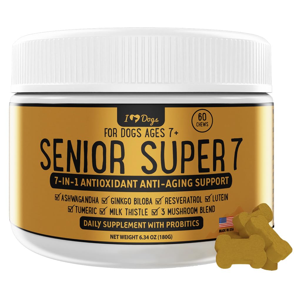 iHeartDogs Senior Super 7 Daily Dog Multivitamin - 7-in-1 Vitamin for Dogs Supports Anti-Aging with Antioxidants, Probiotics, Lion's Mane, Turkey Tail, & Ashwagandha for Longevity & Cognitive Boost