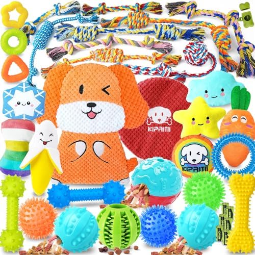 KIPRITII Puppy Toys for Teething - 39 Pack Exclusive Puppy Chew Toys with Rope, Dog Treat Balls & Bottle Holder