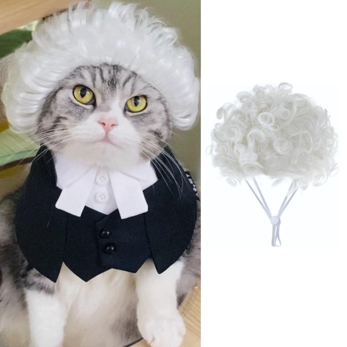 Cat Lawyer Costume Accessories - Adjustable Bow Tie Collar & White Judge Wig for Cats Small Dogs, Courtroom Cosplay for Easter Halloween Parties (Large,Wig)