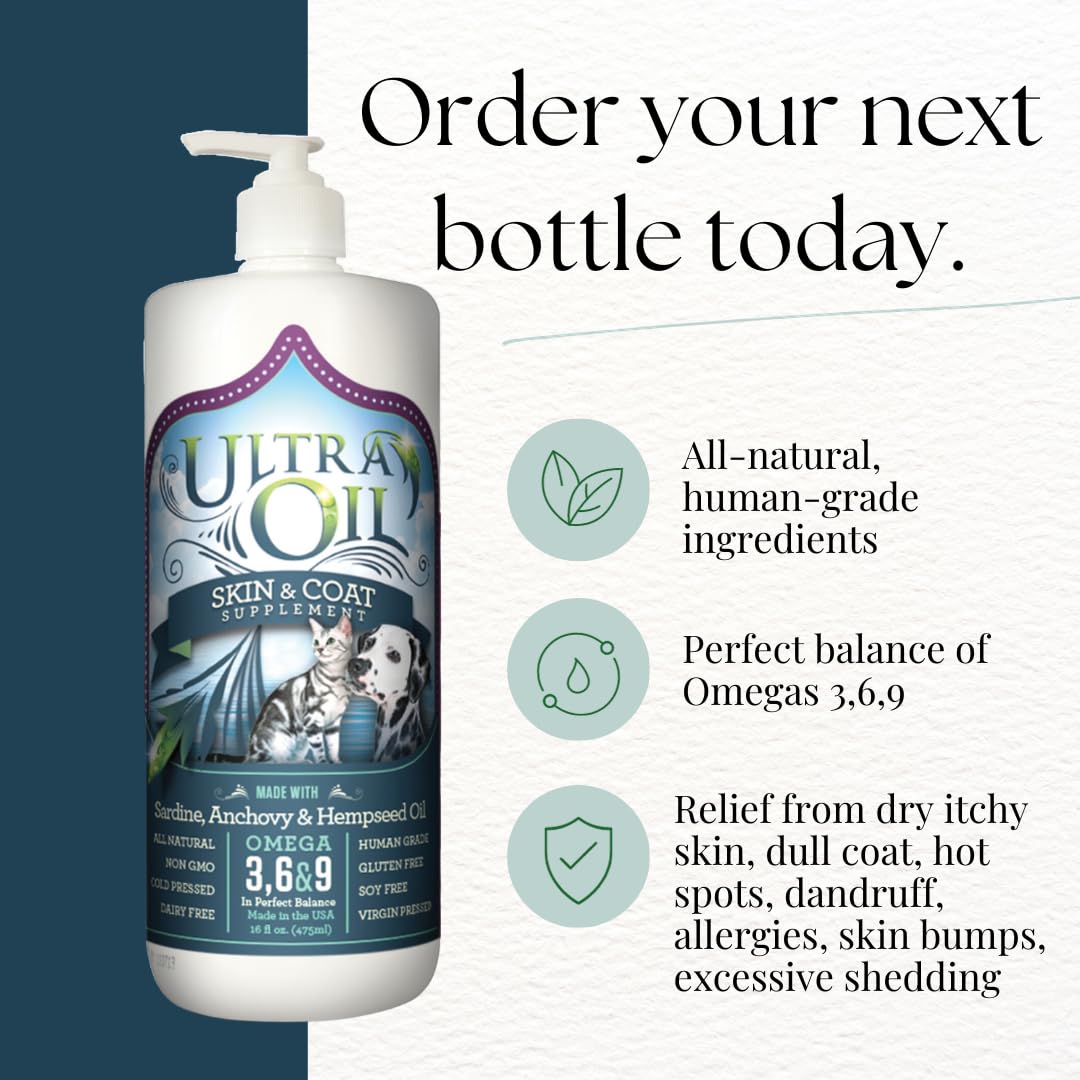 Ultra Oil Skin and Coat Supplement for Dogs and Cats with Hemp Seed, Flaxseed, Grape Seed, and Fish Oils for Relief from Dry Itchy Skin, Dull Coat, Hot Spots, Dandruff, and Allergies, (16 oz)