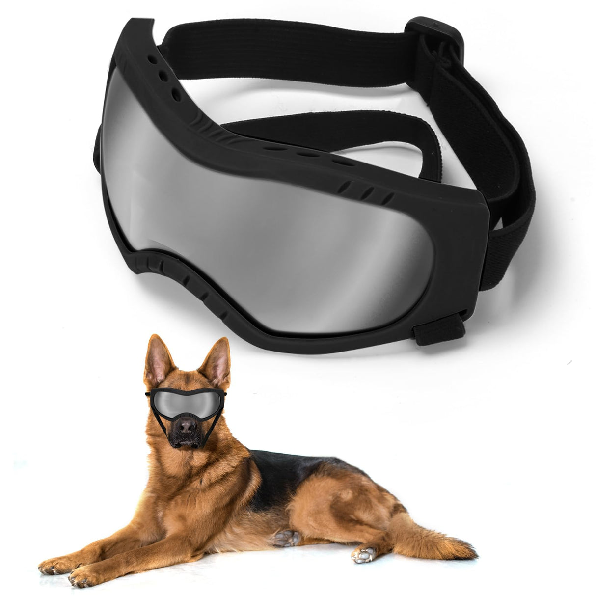 Dog Sunglasses Dog Goggles Pet Glasses Pet Eyewear with Adjustable Strap, Glasses for Medium Large Dog Swimming Skating Glasses UV Proof Windproof Dustproof (Black Frame + Gray Lens)