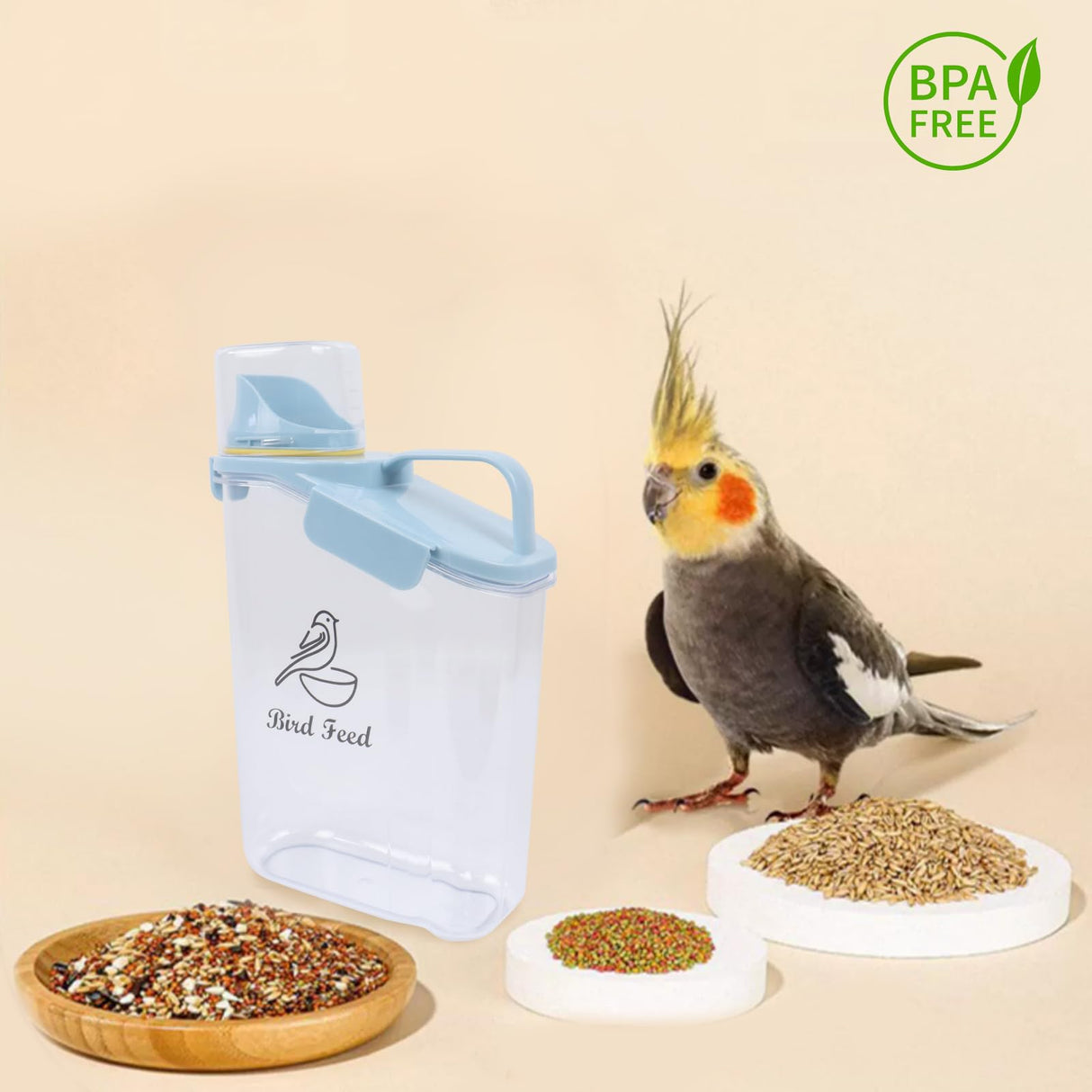 Brabtod Bird Seed Storage Container Portable-3 Qt/2.8 L Clear Plastic Pet Food Container-with Measuring Cup,Airtight Wild Bird Seed Dispenser for Storing Sunflower Seed|Squirrel proof|BPA Free-Blue