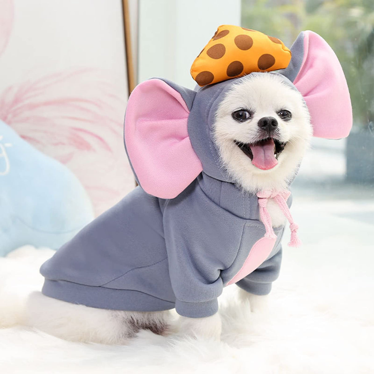 SEIS Winter Big Ear Mouse Dog Hoodies Cute Cheese Warm Pet Costume Halloween Cat Clothes for Small Medium Dogs Puppy French Bulldog Chihuahua (Gray, L (Chest Circumference 59cm/ 23.2"))
