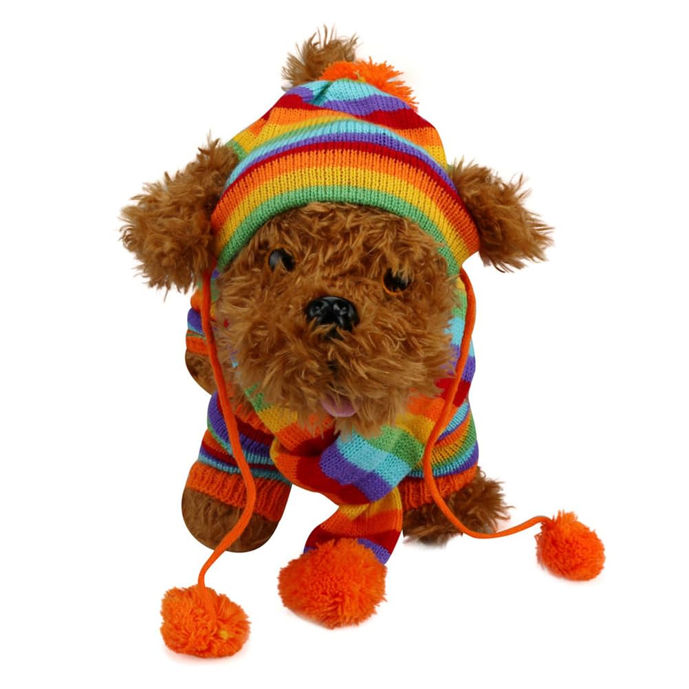 POPETPOP Towel Set Knitted Winter Dog Scarf Hat Set - Winter Warm Caps Neck Warmer Dog Costumes Knitted Scarf Hat Leg Warmers Striped Leggings for Small Dogs Puppy Towel s