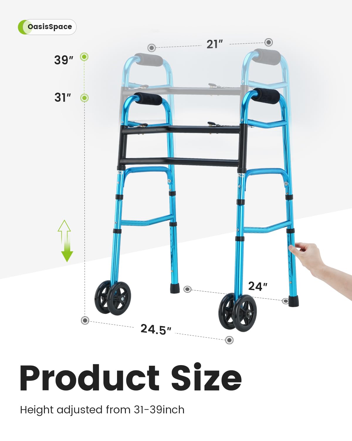 OasisSpace Heavy Duty Folding Walker, Bariatric Walker with 5 Inches Wheels for Seniors Wide Walker Supports up to 500 lbs [Walker Accessories Included] (Heavy duty size)