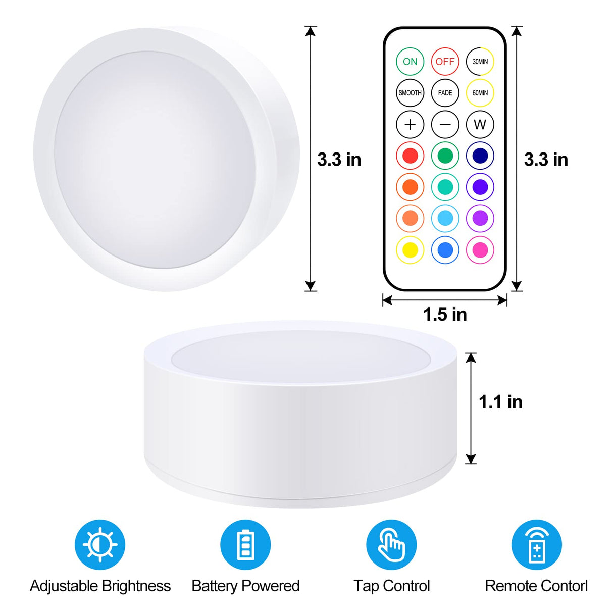 Upgrade Puck Lights with Remote, 3 Pack 13 Color Changing Under Counter Lights, Wireless Under Cabinet Lights Battery Powered, Dimmable Battery Operated Light, Stick On Lights