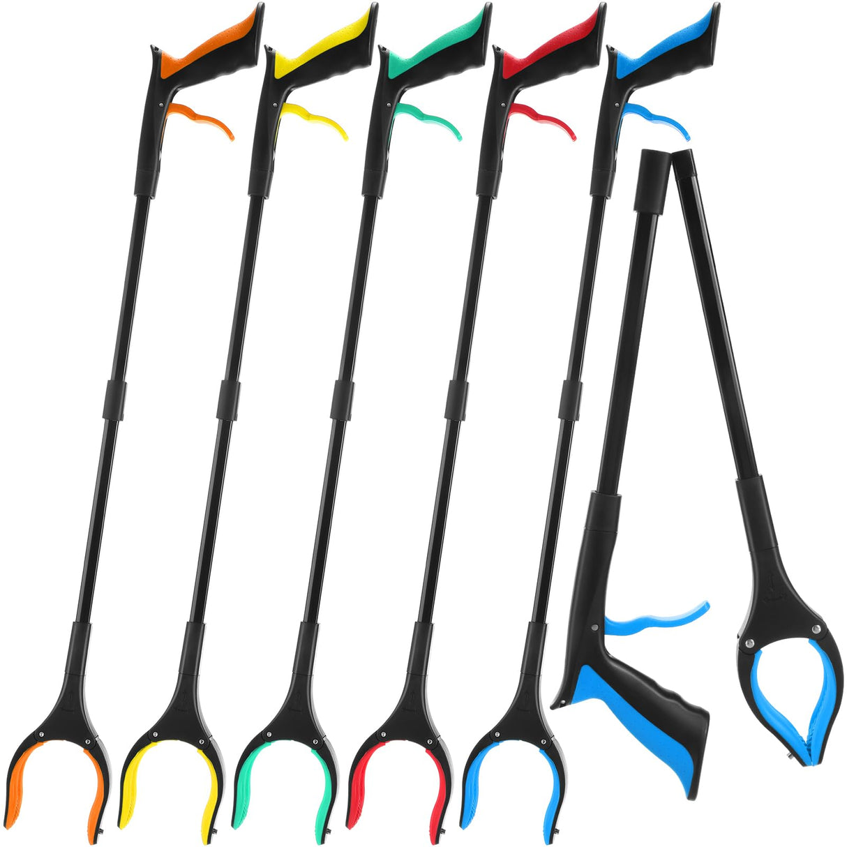 6 Pack Grabber Reacher Tool for Elderly, 32" Foldable Pick up Stick Grabber Long Handy Mobility Aids Lightweight Reaching Tool for Trash Claw Pick up Stick Arm Extension Litter Picker, 5 Color (Black)