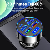USB C Car Charger Adapter with Voltmeter Compatible with iPhone 16 15 14 13 12 11, Android, Samsung, Super+ QC3.0 6 in 1 Multi-Port Super Fast Charging Cigarette Lighter USB Charger