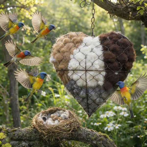 BomKra Handmade Alpaca Fiber Bird Nesting Heart, Refillable Birds Haven Heart Shape Hummingbird Nesting, Winter Tree Shelter for Wild Bird, Hummingbird House & Unique Garden Art Gift for Birds Lovers