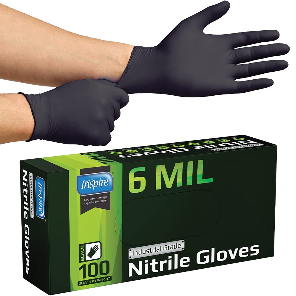 Inspire Black Nitrile Gloves HEAVY DUTY 6 Mil Nitrile Chemical Resistant Medical Cooking Cleaning Disposable Black Gloves (XL, 100, Count)