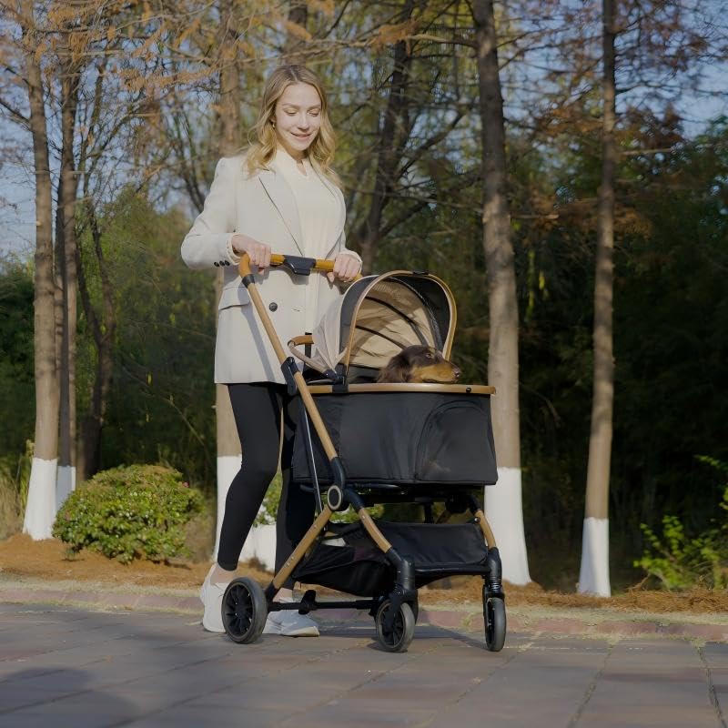 PAWPUBBY Dog Stroller for Small Dogs & Cats, 3-in-1 Pet Stroller with Detachable Carrier, Foldable Lightweight Pet Stroller with 360° Wheels, Classic Brown