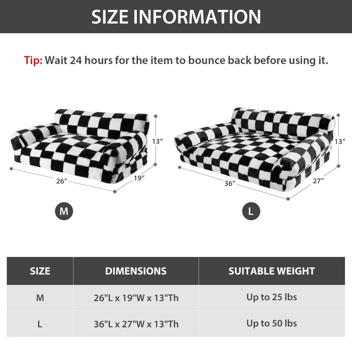 BFPETHOME Dog Couch Bed, Cute Pet Sofa with Non-Slip Bottom, Checkered Dog Bed with Washable Cover, XL Pet Couch (Black&White)