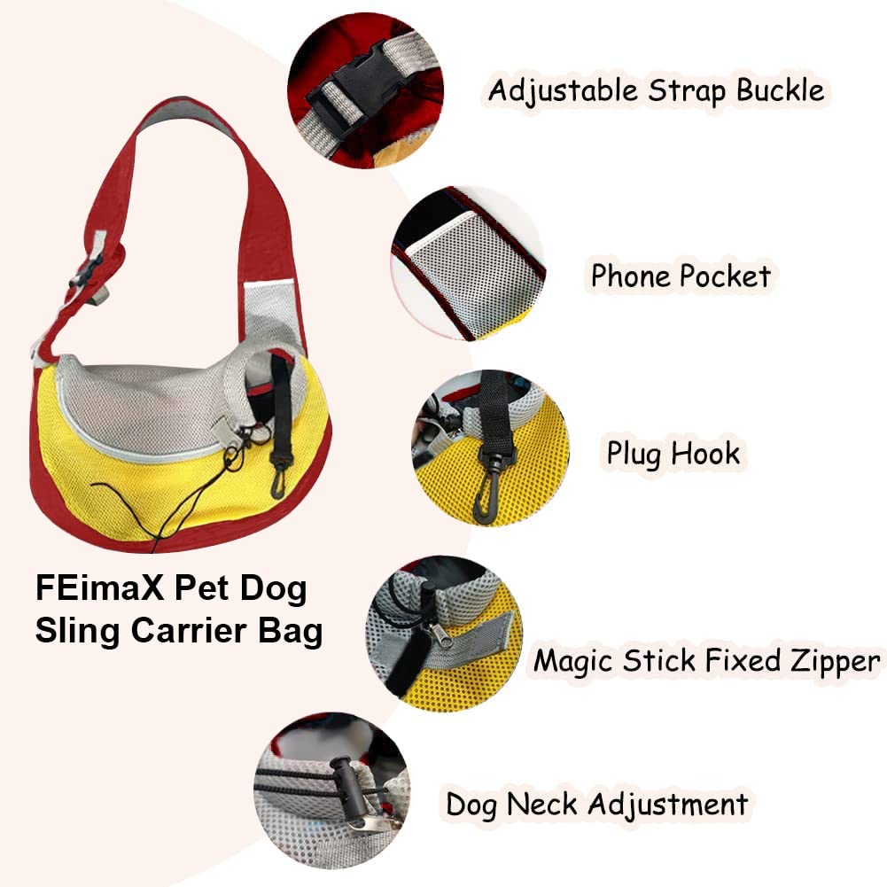 FEimaX Pet Dog Sling Carrier Puppy Pet Slings Bag for Small Dogs Cats Satchel Carriers Breathable Mesh Hand Free with Adjustable Strap Doggie Crossbody for Outdoor Travel (Large, Red)