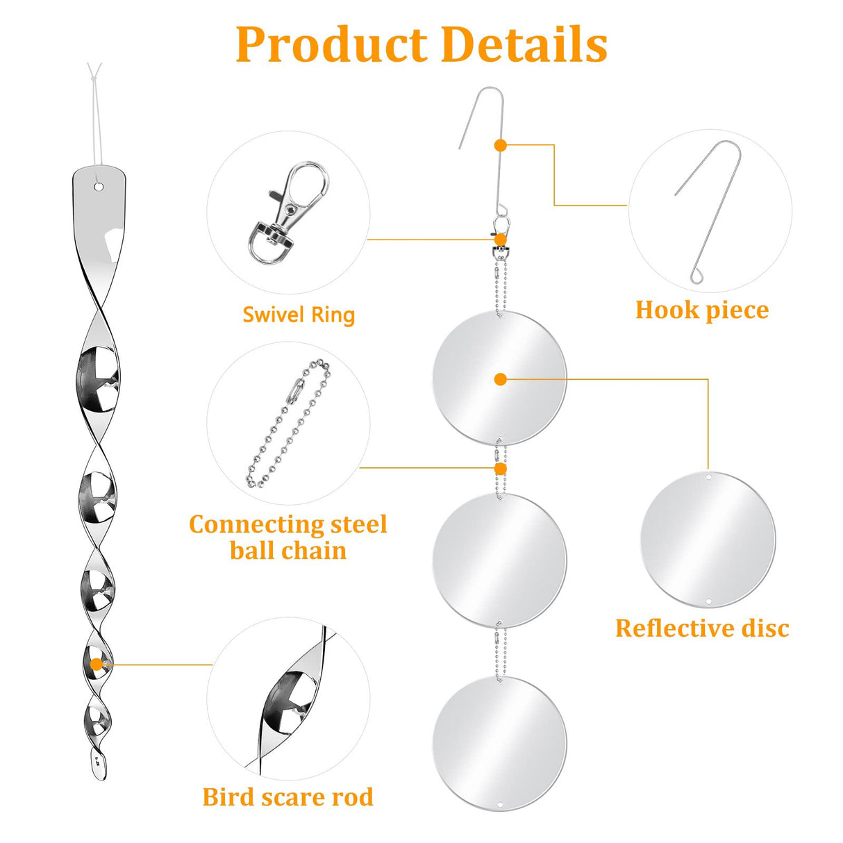 Upgraded Bird Scare Devices, 3.9 Inch Large 18PCS Reflective Discs Set + 6PCS Bird Scare Rods, Double-Sided Bird Reflectors Keep All Birds Away Woodpeckers Pigeons from Your House Garden Boat
