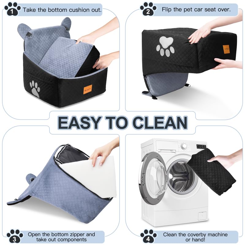 Dog car Seats for Small/Medium Dogs up to 33lbs- Washable, Waterproof, Dog Booster & car Seats with 2 Easy-Install Safety Belts, Non-Slip Base & Storage Pocket(Grey Black).