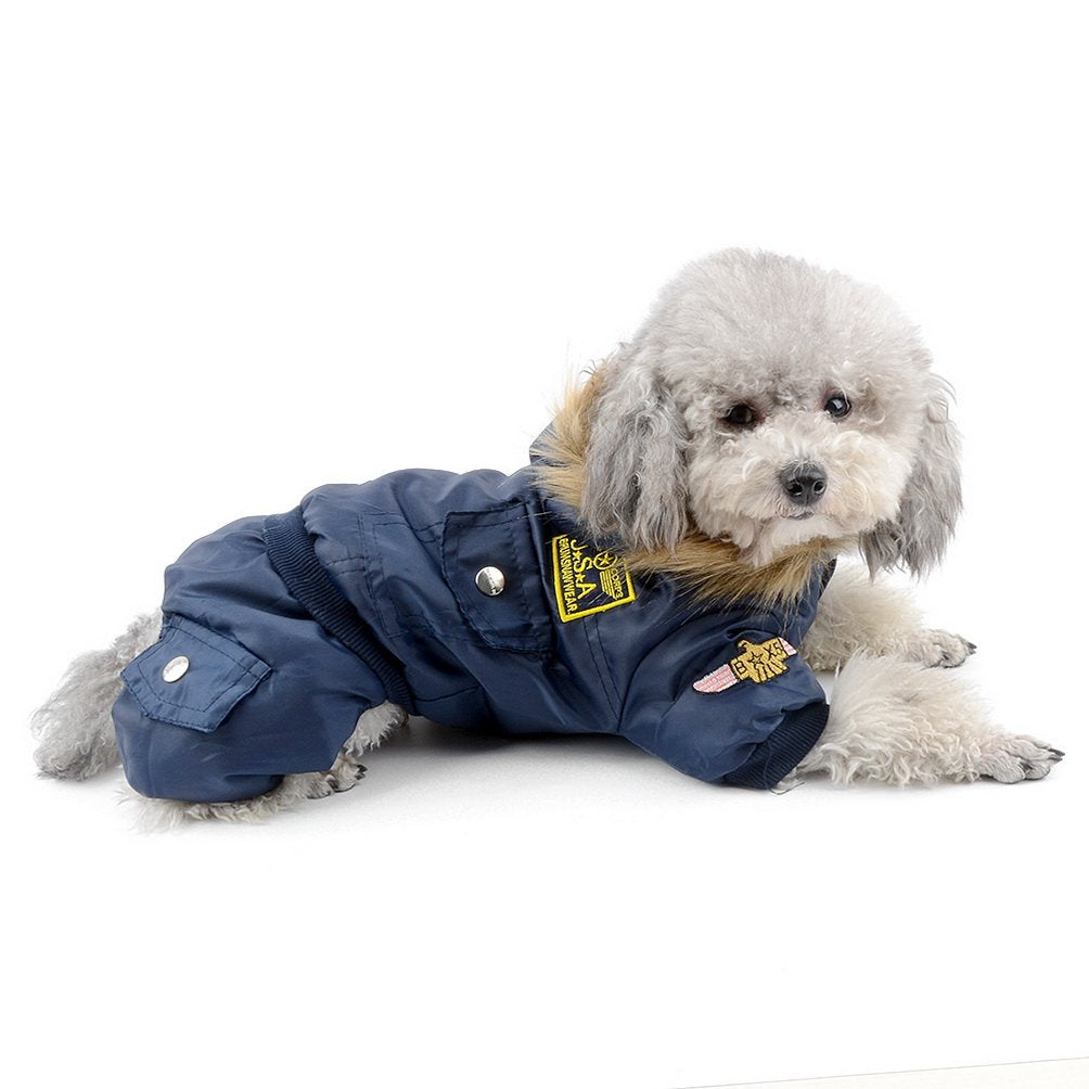 SELMAI Waterproof Fleece Lined Dog Winter Coat Snow Suit Airman Hooded Jumpsuit Snowsuits for Small Dog Puppy Chihuahua Blue M