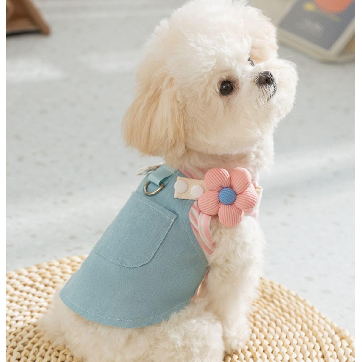 Denim Dog Dress with Pink Striped Print, Floral Shoulder, and Leaf Pocket Accent Pet Clothes, Small Dog Outfit for Chihuahua, Yorkie, Puppy Dress for Birthday, Party, and Everyday Wear(Pink,S)