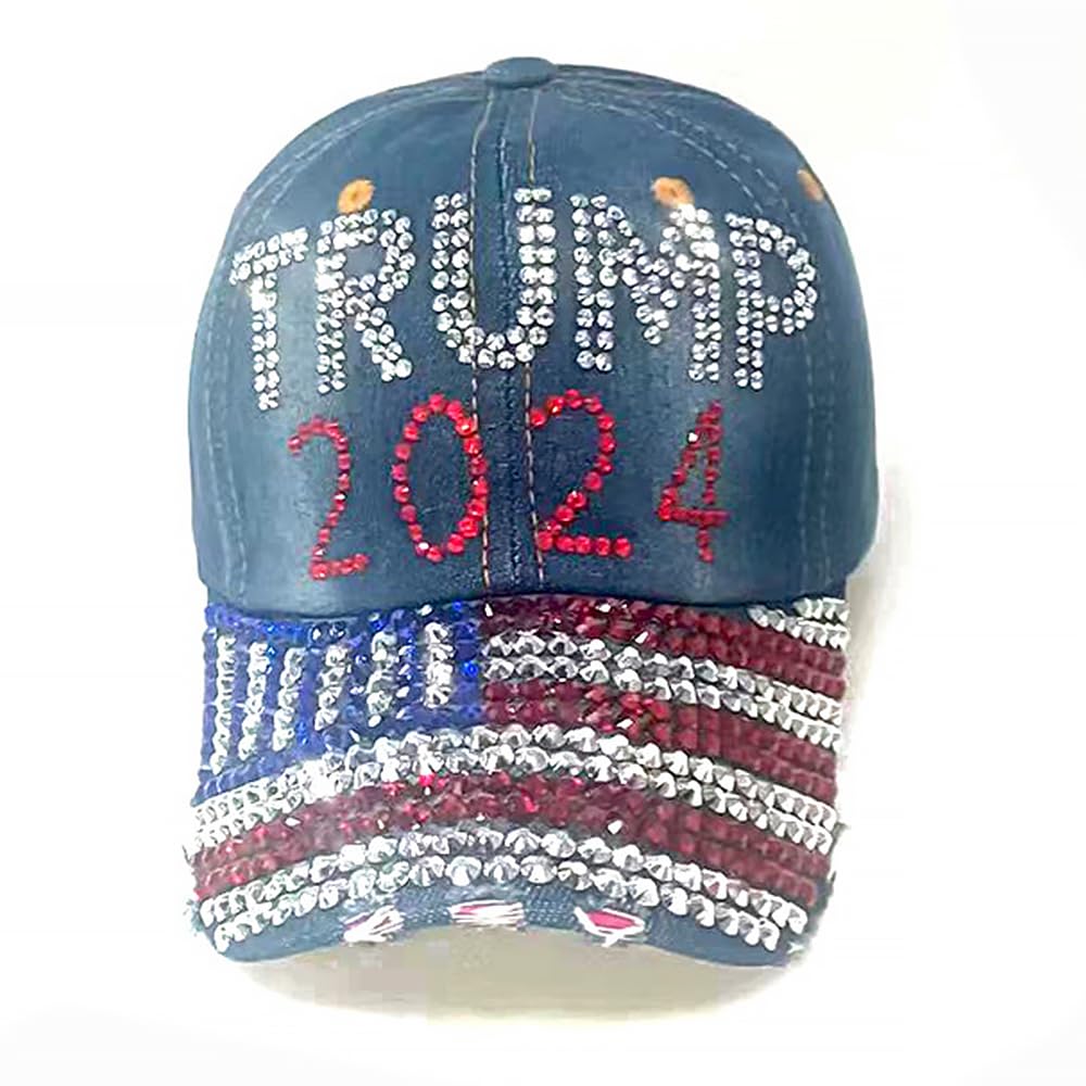 Gamusi Trump 2024 Baseball Cap Denim Distressed Bling Rhinestone Hat USA Flag Cap Adjustable Unisex (2024 Flag)