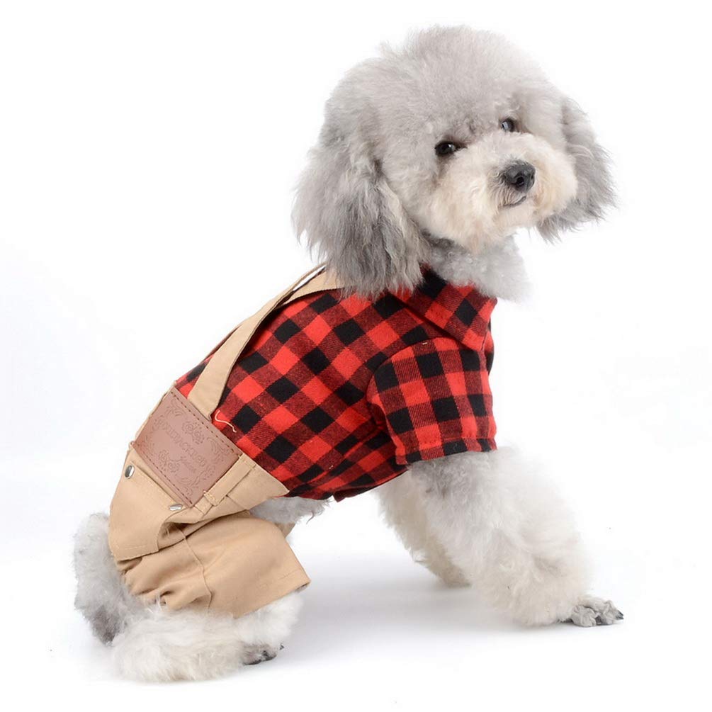 SMALLLEE_LUCKY_STORE Pet Clothes for Small Dog Cat Red Plaid Shirts Sweater with Khaki Overalls Pants Jumpsuit Outfits XL